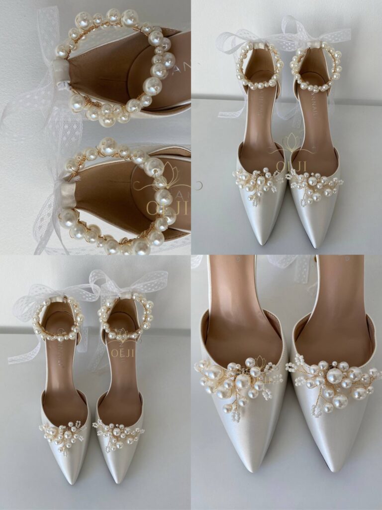 Весільні туфлі зі знімною брошкою з перлин та поясом
