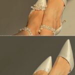 Весільні туфлі зі знімною брошкою з перлин та поясом