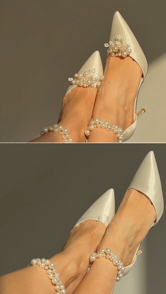 Весільні туфлі зі знімною брошкою з перлин та поясом