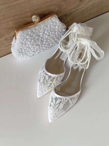 Мереживні балетки Весільне взуття на низькому підборі з перлами і бантиком